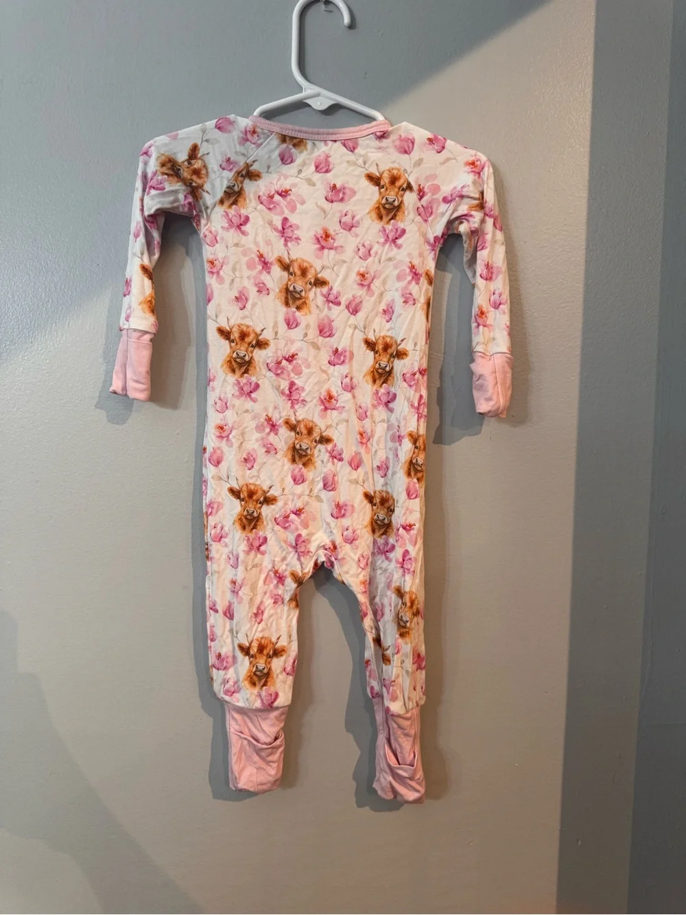 Pink Floral Highland Cow Print Zip-Front Kids One-Piece